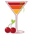 Single glass of a bright colorful drink with two cherries.