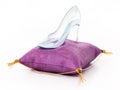 Single glass shoe standing on violet velvet cushion. 3D illustration Royalty Free Stock Photo