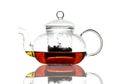 Single glass teapot with tea, isolated on white background.