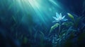 Single glowing blue flower in dark forest with sun rays Royalty Free Stock Photo