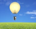 Single glowing lamp balloon flying over green meadow with sky