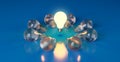 Single glowing light bulb in group of light bulbs, inspiration, leader, leadership or thinking creative concept Royalty Free Stock Photo
