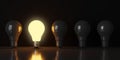 Single glowing light bulb in row of dark bulbs over black background, creativity, uniqueness or standing out concept Royalty Free Stock Photo