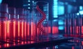 A single glowing red DNA strand in a futuristic test tube, representing genetic research, bioinformatics, and the