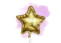 Single gold big star metallic balloon object for birthday with window reflection with pink watercolor spot isolated on a Royalty Free Stock Photo