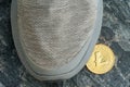 Single gold Litecoin left under a grey shoe