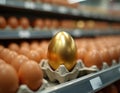 Single golden egg stands out among rows of brown eggs on a store shelf, symbolizing scarcity and high prices. This image Royalty Free Stock Photo