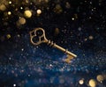 Single golden skeleton key surrounded by sparkling lights. Business concepts of unlocking potential, key to success, or financial