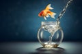 Single goldfish jumping out of a round glass bowl aquarium. Generative AI Royalty Free Stock Photo