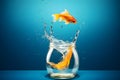 Single goldfish jumping out of a round glass bowl aquarium. Generative AI Royalty Free Stock Photo