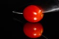 A single grape tomato on a highly reflective surface being sliced by a knife on a black background with vibrant colors Royalty Free Stock Photo