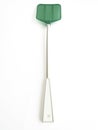 Single green extendable flyswatter isolated on white background. Telescopic fly swatter. Object made of plastic, very efficient