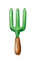 Single green fork isolated on white background. Farming tool watercolor illustration