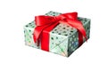 Single green gift box with red ribbon bow isolated on white background. Gift box wrapped in green shine paper with red Royalty Free Stock Photo