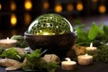 A single green glass ball rests atop a wooden table, creating a striking visual contrast, Hot herbal ball spa massage body