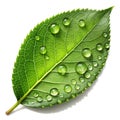 A single green leaf with dew drops, positioned on a smooth surface Royalty Free Stock Photo
