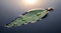 A single green leaf, possibly from a willow tree, floats on calm water. The surface of the leaf is Royalty Free Stock Photo