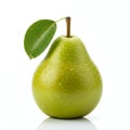 Fresh Green Pear with Leaf and Water Drops - Isolated Fruit Studio Shot. Royalty Free Stock Photo