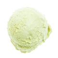 Single green pistachio ice cream scoop from a bird`s-eye view on white background Royalty Free Stock Photo