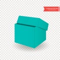 Single half open cardboard green blue box. Front view. Package isolated on transparent background. Realistic Vector