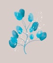 Single Hand Drawn Blue Eucalyptus Twig and White Ink Splash Isolated on a Warm Gray Background.