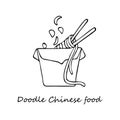 Single hand-drawn box with Chinese food. In doodle style, black outline isolated on a white background. For banners, cards, Royalty Free Stock Photo