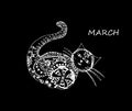 Single hand drawn cat with ball. In doodle style, white outline isolated on black background. Cute element for card Royalty Free Stock Photo