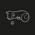 Single hand drawn cat with ball. In doodle style, white outline isolated on black background. Cute element for card, social media Royalty Free Stock Photo