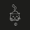 Single hand drawn cat with ball. In doodle style, white outline isolated on black background. Cute element for card, social media Royalty Free Stock Photo