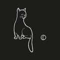 Single hand drawn cat with ball. In doodle style, white outline isolated on black background. Cute element for card, social media Royalty Free Stock Photo