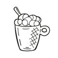 Single hand drawn coffee cup with marshmallow. In doodle style, black outline isolated on a white background. Cute element for