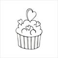 Single hand drawn cupcake decorated with hearts. In doodle style, black outline isolated on a white background. Cute element for Royalty Free Stock Photo