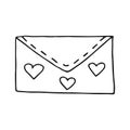 Single hand drawn envelope with a love message. In doodle style, black outline isolated on a white background. Cute element for