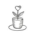 Single hand drawn heart flower growing from a pot. In doodle style, black outline isolated on a white background. Cute element for