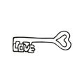 Single hand drawn heart shaped key with word LOVE. In doodle style, black outline isolated on a white background. Cute element for Royalty Free Stock Photo