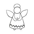 Single hand-drawn New Year and Xmas angel toy. In doodle style, black outline isolated on a white background. For banners, cards,