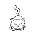 Single hand drawn playing cat. In doodle style, black outline isolated on a white background. Cute element for card, social media Royalty Free Stock Photo