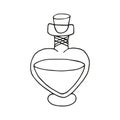 Single hand drawn vial of love potion. In doodle style, black outline isolated on a white background. Cute element for banner,