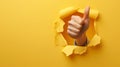 single hand protruding through a torn yellow paper background, making a thumbs-up gesture.. AI generated Royalty Free Stock Photo