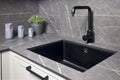 Single handle water kitchen faucet built in compact high pressure laminate HPL countertop. Kitchen undermount