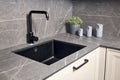 Single handle water kitchen 2 in 1 faucet built in compact high pressure laminate HPL countertop. Kitchen undermount