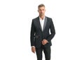 Single handsome guy with stylish haircut wear formal suit formalwear isolated on white, bachelor