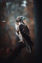 Single hawk sits on the tree branch in the forest.