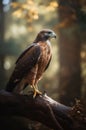 Single hawk sits on the tree branch in the forest.