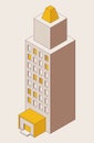 Single high-rise building isometric drawn with outline mode. Business center good for office and living in yellow and brown
