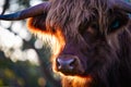 Single highland cow in field in golden afternoon sun close up of face