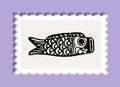 Single horizontal black carp fish illustration on postage stamp Royalty Free Stock Photo