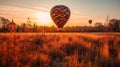 A single hot air balloon over remote landscape in golden afternoon light