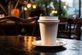 A single hot coffee cup beckons within the tranquil caf??