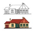Single house in the sketch style.Hand drawn isolated illustration of the cottage.Outline and colored version